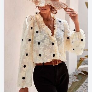 SHEIN Size Medium Elegant Textured Cream Blouse with‎ Black Polka Dot Accents